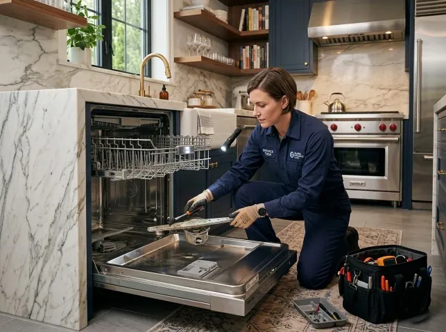 Appliance Repair Hero technician servicing a built-in dishwasher in a Billerica, MA kitchen