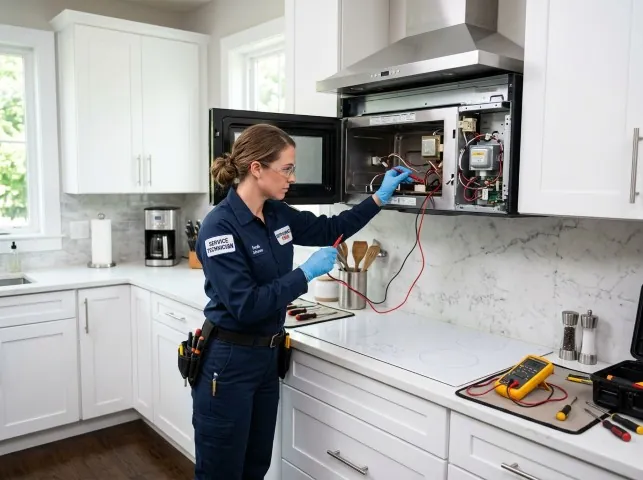 Appliance Repair Hero technician testing an over-the-range microwave in a Billerica, MA kitchen